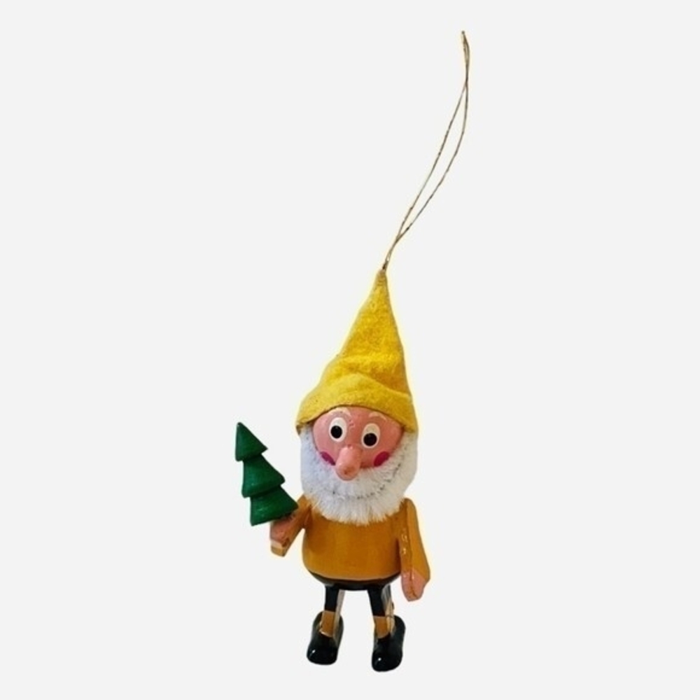 Vintage Wood Santa Dwarf Carrying Tree Christmas Ornament 3" Handcrafted VG